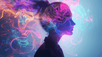 Mulher em silhueta com o cérebro iluminado por cores vibrantes, simbolizando a reconfiguração mental aos 40 anos