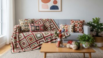 Ambiente moderno com manta e almofadas de crochê contemporâneo, mostrando textura artesanal e design criativo sob luz natural.