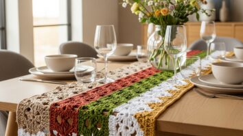 Caminho de mesa de crochê moderno sobre mesa de jantar decorada com flores e louças neutras, representando elegância e charme artesanal.