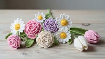 Flores de crochê artesanais coloridas dispostas sobre mesa de madeira clara, com luz natural suave e foco na textura dos pontos.
