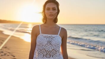 Mulher usando blusa de crochê branca rendada, leve e artesanal, perfeita para o verão.