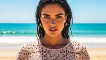 Mulher brasileira usando blusa de crochê artesanal em ambiente ensolarado, representando a leveza e o estilo da moda de verão 2025.