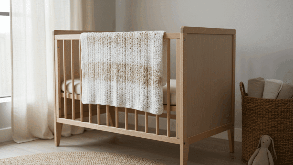 Manta de crochê infantil feita à mão, com fios macios e seguros, em tons neutros e acabamento delicado, perfeita para o enxoval do bebê.