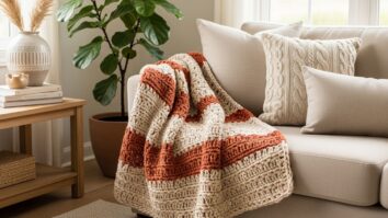 Manta de crochê artesanal sobre sofá com almofadas e luz natural, destacando os pontos e a textura aconchegante da peça.