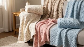 Mantas de crochê artesanais coloridas e delicadas dobradas sobre sofá, em ambiente aconchegante com luz natural suave.