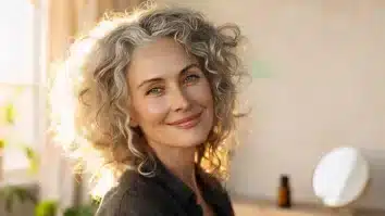 Mulher madura com cabelos cacheados grisalhos, sentada próxima a uma janela iluminada pelo sol, cercada por plantas e objetos de autocuidado, transmitindo serenidade e empoderamento.