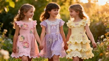 Meninas usando vestidos de crochê infantil coloridos e delicados, feitos à mão com detalhes florais e babados, em ambiente natural e iluminado, transmitindo conforto e charme artesanal.