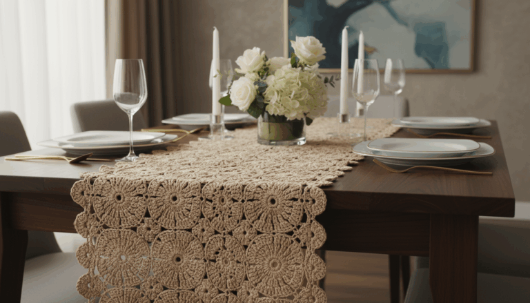 Mesa de jantar decorada com caminho de mesa de crochê artesanal em tom neutro, com louças modernas e flores naturais, destacando a beleza e o charme da decoração artesanal.