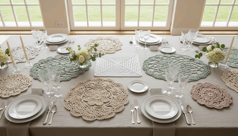 Mesa posta decorada com centros de mesa de crochê artesanais em diversos formatos e cores suaves, com detalhes delicados e gráficos de crochê fáceis, em ambiente elegante e iluminado.