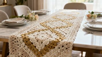 Centro de mesa de crochê de luxo sobre mesa elegante com louças refinadas e flores delicadas, representando sofisticação e arte artesanal na decoração.