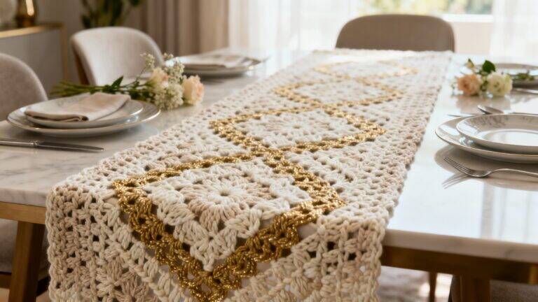 Centro de mesa de crochê de luxo sobre mesa elegante com louças refinadas e flores delicadas, representando sofisticação e arte artesanal na decoração.