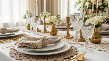 Mesa posta com sousplats de crochê artesanal em tom bege e dourado, com louças brancas e flores.