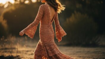 Mulher usando um vestido longo de crochê artesanal em estilo boho chic, feito à mão com fios de algodão em tons neutros, sob luz natural suave e cenário elegante.