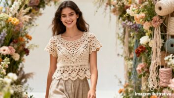 Mulher usando blusa de crochê artesanal bege rendada com fundo claro e a frase “imagem ilustrativa” no canto inferior direito.