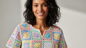 Mulher sorridente vestindo uma blusa de crochê artesanal feita com squares coloridos, em tons pastéis, feita à mão com fios de algodão e acabamento delicado.