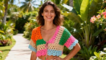 Mulher sorridente usando blusa de crochê colorida em ambiente ensolarado, representando leveza, conforto e estilo artesanal moderno.