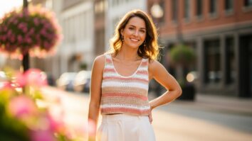 Mulher sorridente usando regata de crochê colorida em ambiente ensolarado, representando leveza, conforto e estilo artesanal contemporâneo.