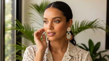 Mulher brasileira elegante usando brincos de crochê sustentável feitos à mão com fios ecológicos, representando moda consciente e autenticidade artesanal.