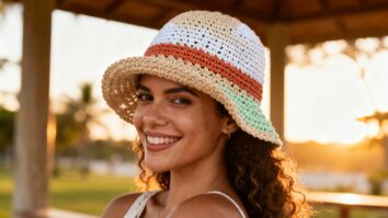 Mulher brasileira sorridente usando chapéu de crochê artesanal em ambiente ensolarado, representando moda sustentável e estilo artesanal com leveza.