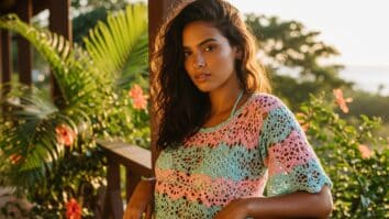 Mulher brasileira usando blusinha de crochê artesanal em tons claros, em ambiente ensolarado, representando leveza, conforto e estilo natural.