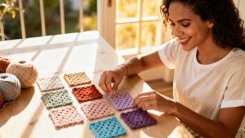 Mulher brasileira sorridente fazendo crochê à luz do sol, organizando squares coloridos sobre mesa de madeira clara.
