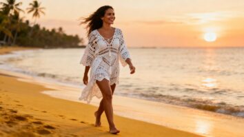 Mulher brasileira sorridente fazendo flores de crochê coloridas com fios de algodão e agulha artesanal em ambiente iluminado por luz natural.