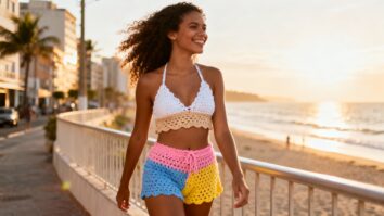 Mulher brasileira sorridente usando shorts de crochê artesanal em cenário ensolarado, representando leveza, conforto e estilo da moda verão 2025.