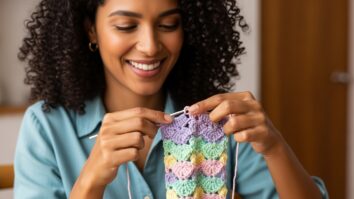 Mãos femininas fazendo crochê corretamente, com o gancho da agulha virado para baixo e encostado no fio de algodão colorido.