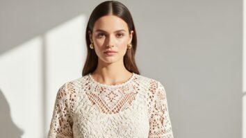 Mulher elegante usando blusa de crochê de luxo feita à mão com fios nobres e acabamento sofisticado.