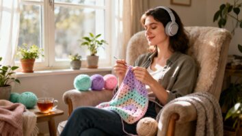 Mulher fazendo crochê enquanto ouve música com fones de ouvido, em ambiente iluminado e acolhedor.