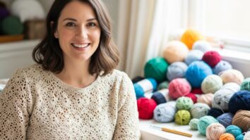 Mulher sorridente usando blusa de crochê artesanal clara, sentada em ambiente iluminado com novelos e agulha de crochê ao lado.