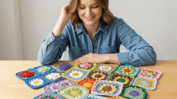 Squares de crochê coloridos dispostos sobre mesa de madeira, mostrando combinações criativas de pontos e cores em diferentes formatos.