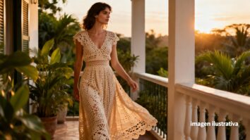 Vestido de crochê com novelos e gráfico: o luxo artesanal que inspira autenticidade e estilo em cada detalhe. (Imagem gerada com inteligência artificial, licença paga e uso exclusivo para este conteúdo)