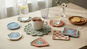 Mesa decorada com porta-copos de crochê artesanais coloridos em diversos formatos, ao lado de xícaras e copos, destacando a delicadeza e o charme do crochê na decoração.