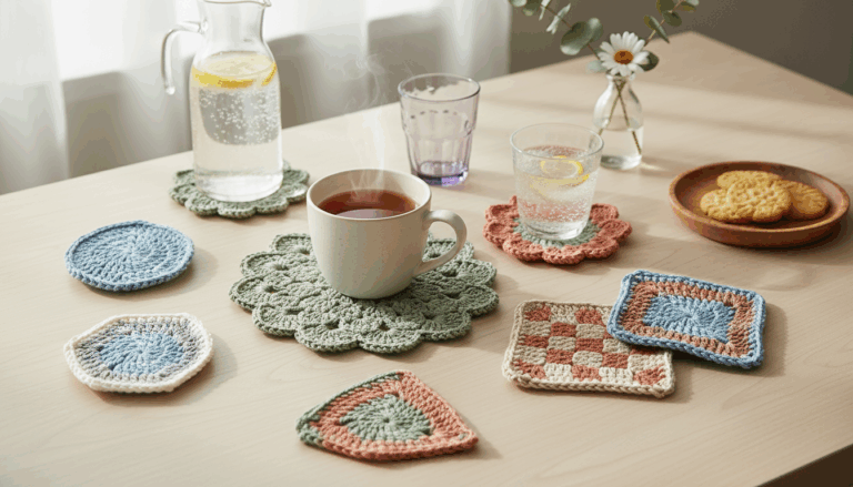 Mesa decorada com porta-copos de crochê artesanais coloridos em diversos formatos, ao lado de xícaras e copos, destacando a delicadeza e o charme do crochê na decoração.