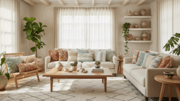 Sala de estar iluminada decorada com diversas almofadas de crochê coloridas e texturizadas sobre sofá neutro, transmitindo aconchego e estilo artesanal moderno.