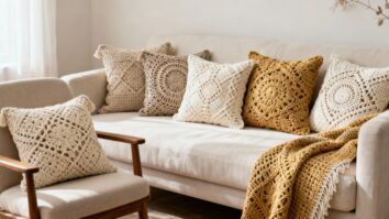 Almofadas de crochê de luxo em tons neutros sobre sofá claro, transmitindo elegância, conforto e estilo artesanal contemporâneo na decoração.