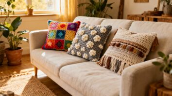 Sala de estar iluminada com almofadas de crochê artesanais em diferentes estilos e cores sobre o sofá.