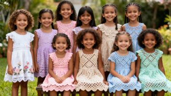 Menina brasileira sorridente usando vestido de crochê artesanal em tons claros, em ambiente natural com luz suave, representando delicadeza e elegância infantil.