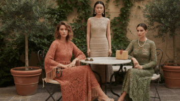 Mulheres usando vestidos de crochê artesanais em tons neutros e suaves, feitos à mão com fios naturais, exibindo leveza, conforto e estilo boho contemporâneo em ambiente iluminado.