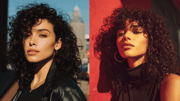 Montagem de 2 imagens com mulher apresentando cortes para cabelo cacheado