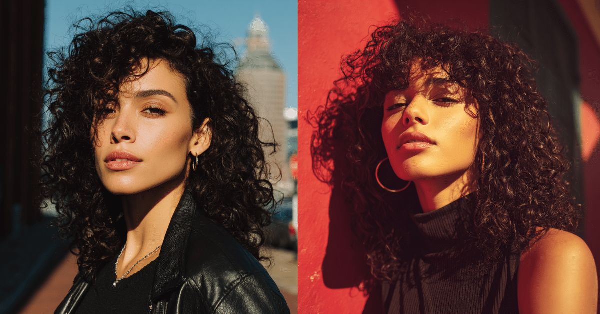 Montagem de 2 imagens com mulher apresentando cortes para cabelo cacheado