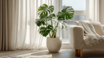 Imagem gerada por IA da planta costela-de-adão na decoração de uma sala