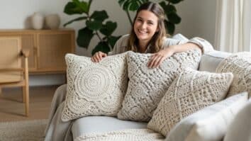 mulher sorridente em sala acolhedora com almofadas de crochê em tons neutros e luz natural.