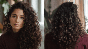 Mulher de cabelos cacheados de frente e de costas