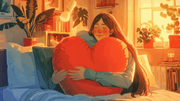 Ilustração de uma mulher abraçando um coração, forma abstrata de simbolizar uma pessoa compreendendo suas emoções