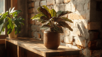 Imagem de um vaso com Calathea complementando a decoração de uma casa