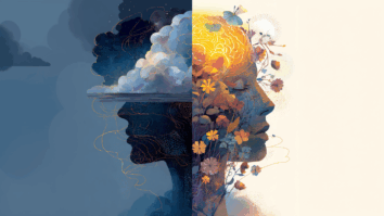 Ilustração mostrando a mente dividida entre nuvens escuras e flores luminosas, simbolizando a reprogramação da autoestima.