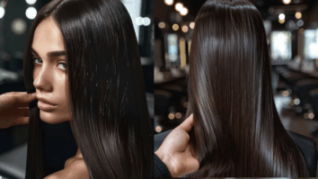Mulher com cabelos longos, lisos e escuros, exibindo fios extremamente alinhados e brilhantes em um salão de beleza, ilustrando o resultado de cabelos com progressiva após tratamento para recuperar o brilho natural.