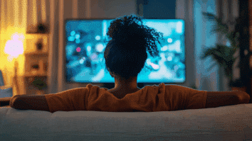 Mulher assistindo filme na TV em uma sala